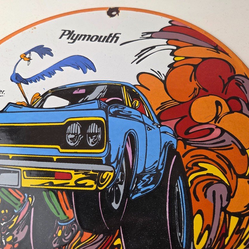 Vintage Mopar Plymouth Porcelain Sign - Road Runner Auto Shop Gas Pump Sign - Image 3