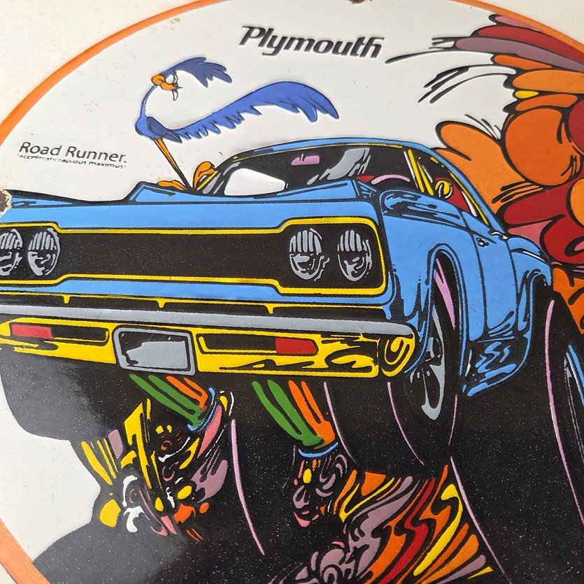 Vintage Mopar Plymouth Porcelain Sign - Road Runner Auto Shop Gas Pump Sign - Image 4
