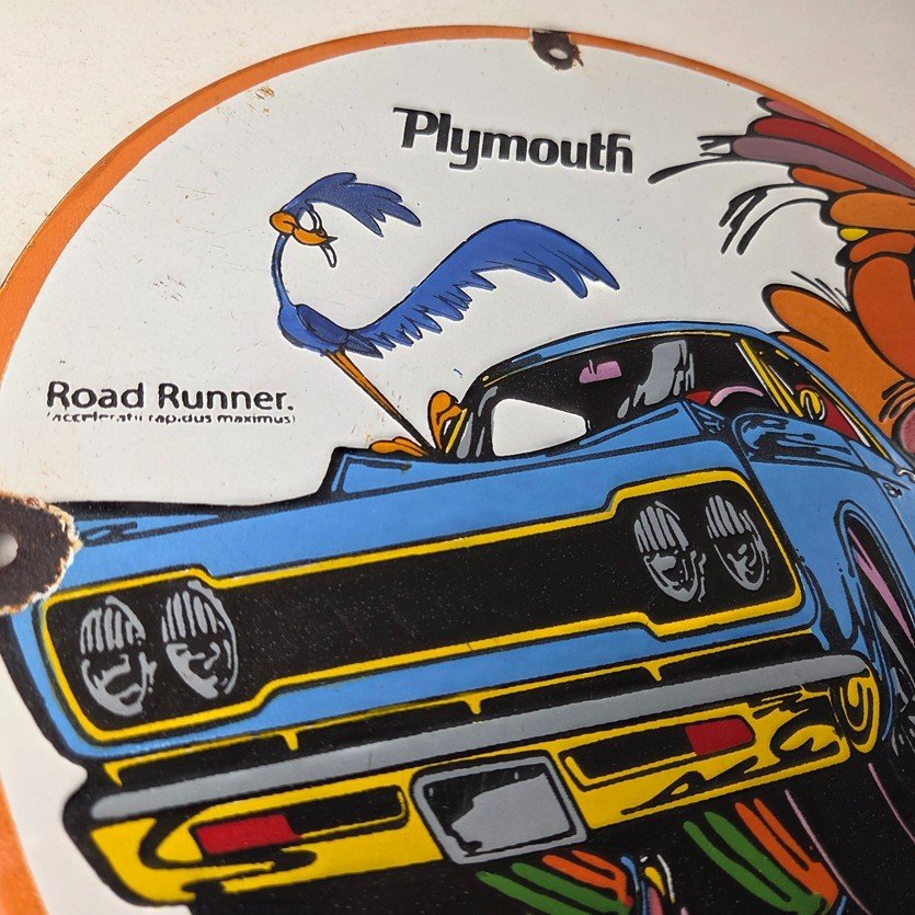 Vintage Mopar Plymouth Porcelain Sign - Road Runner Auto Shop Gas Pump Sign - Image 5