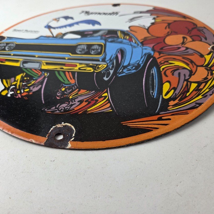 Vintage Mopar Plymouth Porcelain Sign - Road Runner Auto Shop Gas Pump Sign - Image 10