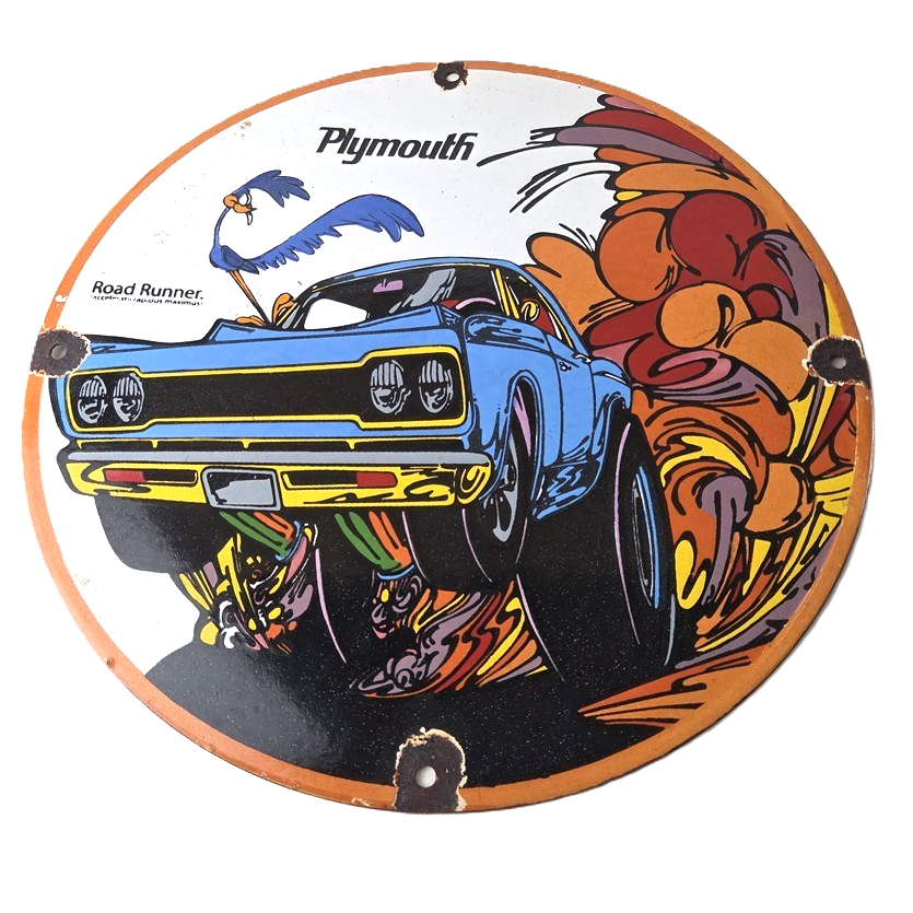 Vintage Mopar Plymouth Porcelain Sign - Road Runner Auto Shop Gas Pump Sign