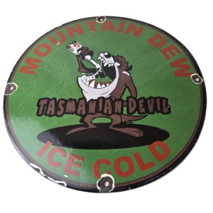 Vintage Mountain Dew Sign - Ice Cold Gas Service Pump Soda Bottle Porcelain Sign