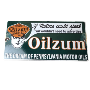 Vintage Oilzum Motor Oils Sign - Gasoline Lubrication Porcelain Gas Pump Sign