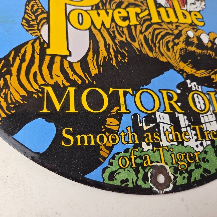 Vintage Power Lube Gasoline Sign - Tiger Motor Oil Gas Porcelain Pump Plate Sign - Image 11