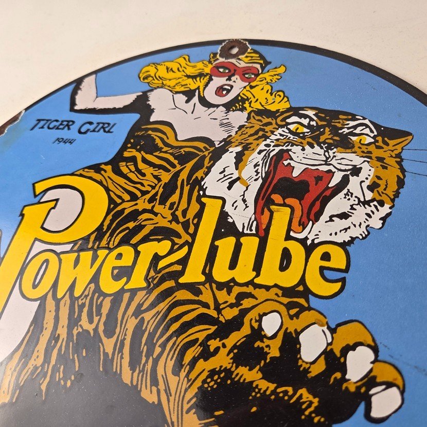 Vintage Power Lube Gasoline Sign - Tiger Motor Oil Gas Porcelain Pump Plate Sign - Image 12