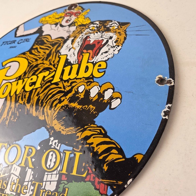 Vintage Power Lube Gasoline Sign - Tiger Motor Oil Gas Porcelain Pump Plate Sign - Image 13