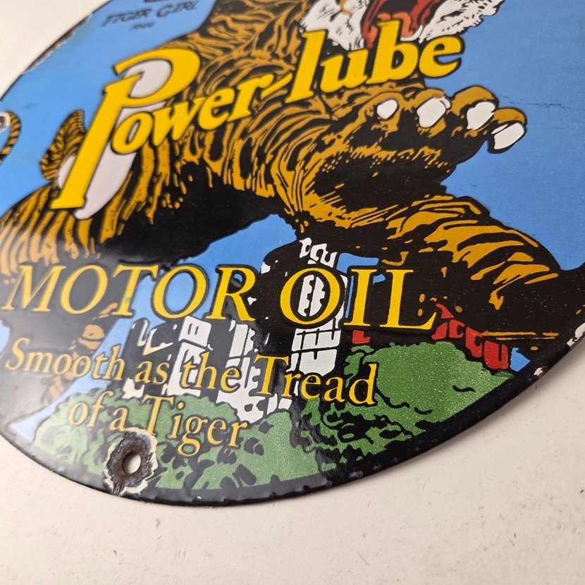 Vintage Power Lube Gasoline Sign - Tiger Motor Oil Gas Porcelain Pump Plate Sign - Image 14