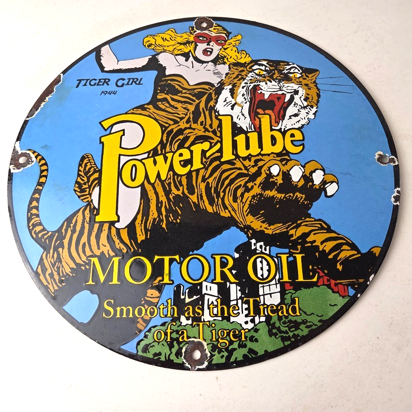 Vintage Power Lube Gasoline Sign - Tiger Motor Oil Gas Porcelain Pump Plate Sign - Image 15