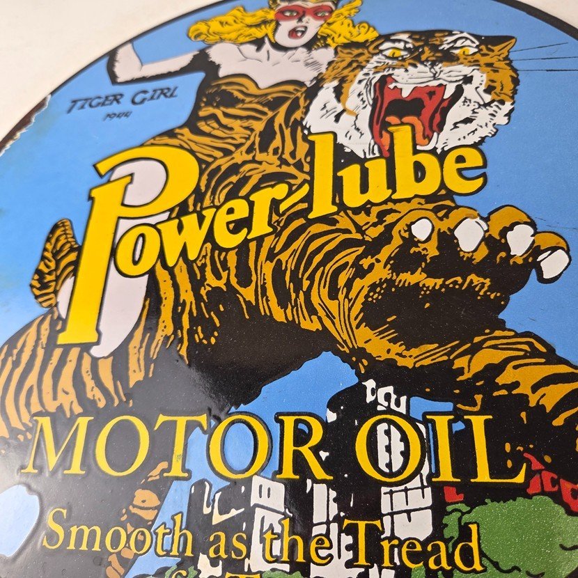 Vintage Power Lube Gasoline Sign - Tiger Motor Oil Gas Porcelain Pump Plate Sign - Image 4