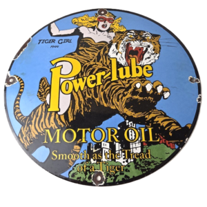 Vintage Power Lube Gasoline Sign - Tiger Motor Oil Gas Porcelain Pump Plate Sign