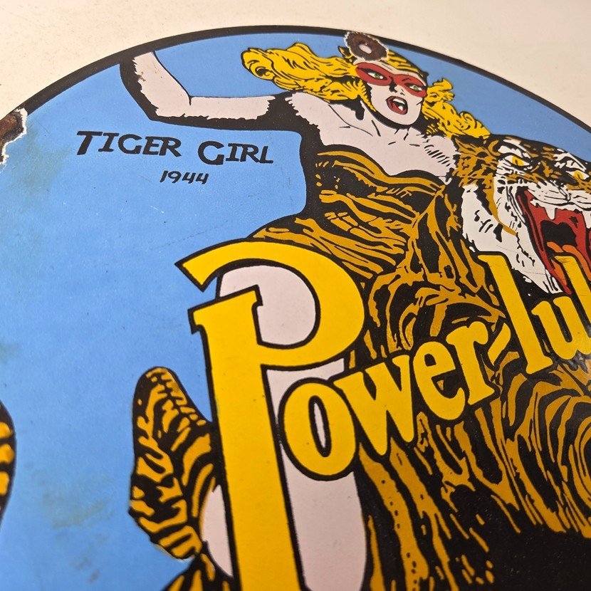 Vintage Power Lube Gasoline Sign - Tiger Motor Oil Gas Porcelain Pump Plate Sign - Image 5