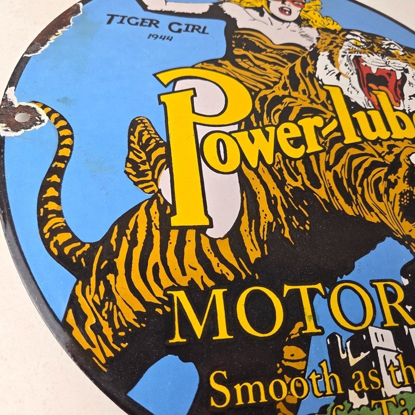 Vintage Power Lube Gasoline Sign - Tiger Motor Oil Gas Porcelain Pump Plate Sign - Image 6