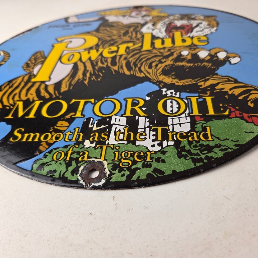 Vintage Power Lube Gasoline Sign - Tiger Motor Oil Gas Porcelain Pump Plate Sign - Image 10