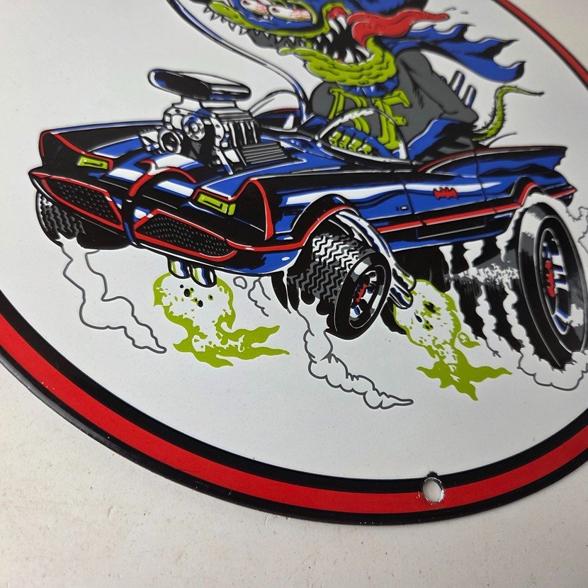 Vintage Rat Fink Hot Rod Batmobile Porcelain Sign - Kustom Fink Sign - Image 11