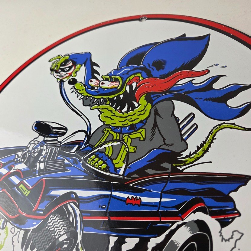 Vintage Rat Fink Hot Rod Batmobile Porcelain Sign - Kustom Fink Sign - Image 12