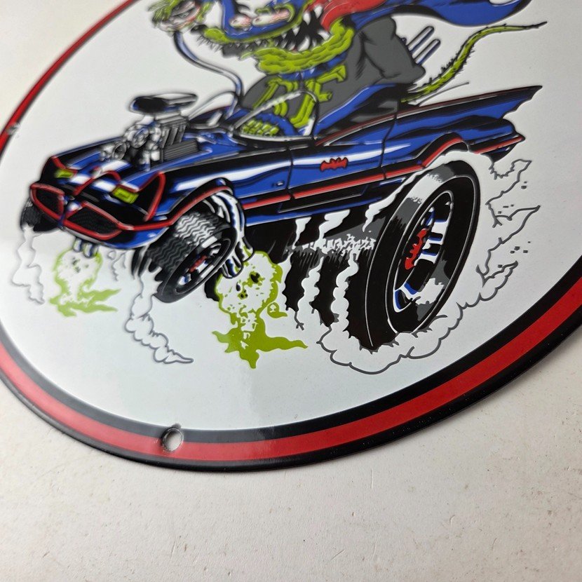 Vintage Rat Fink Hot Rod Batmobile Porcelain Sign - Kustom Fink Sign - Image 14