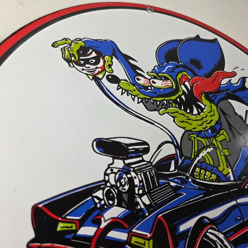 Vintage Rat Fink Hot Rod Batmobile Porcelain Sign - Kustom Fink Sign - Image 5