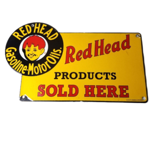 Vintage Red Head Gasoline Sign - Gasoline Pump Plate Motor Oil Porcelain Sign