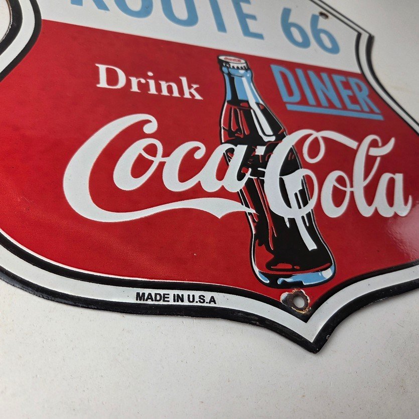 Vintage Route 66 Coca Cola Porcelain Sign - Gas Pump Soda Diner Sign - Image 11