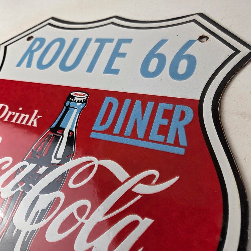 Vintage Route 66 Coca Cola Porcelain Sign - Gas Pump Soda Diner Sign - Image 12