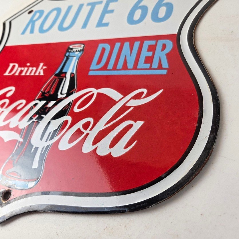 Vintage Route 66 Coca Cola Porcelain Sign - Gas Pump Soda Diner Sign - Image 13