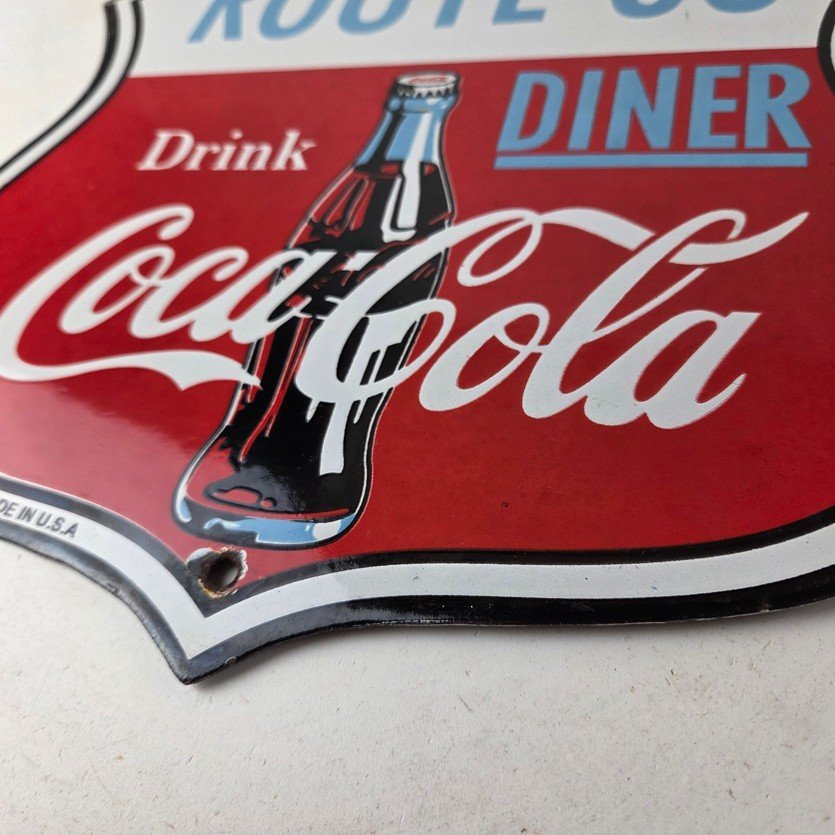 Vintage Route 66 Coca Cola Porcelain Sign - Gas Pump Soda Diner Sign - Image 14