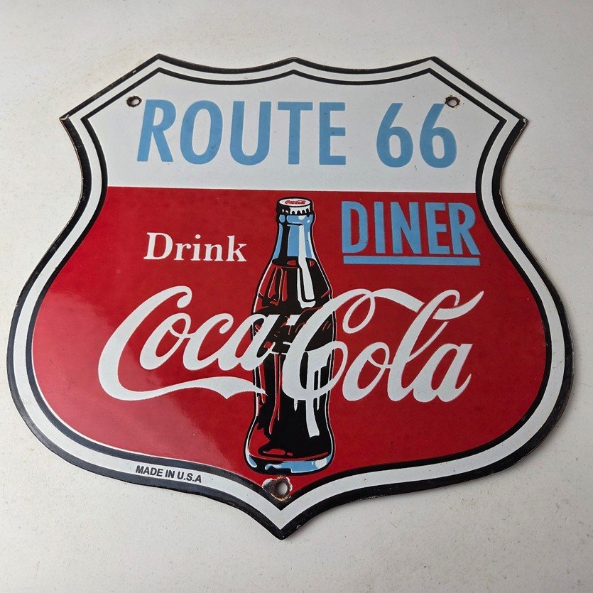 Vintage Route 66 Coca Cola Porcelain Sign - Gas Pump Soda Diner Sign - Image 15