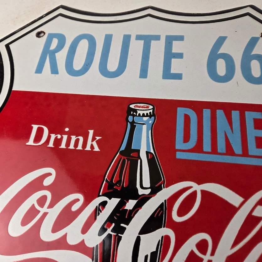 Vintage Route 66 Coca Cola Porcelain Sign - Gas Pump Soda Diner Sign - Image 3