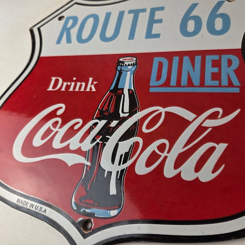 Vintage Route 66 Coca Cola Porcelain Sign - Gas Pump Soda Diner Sign - Image 4