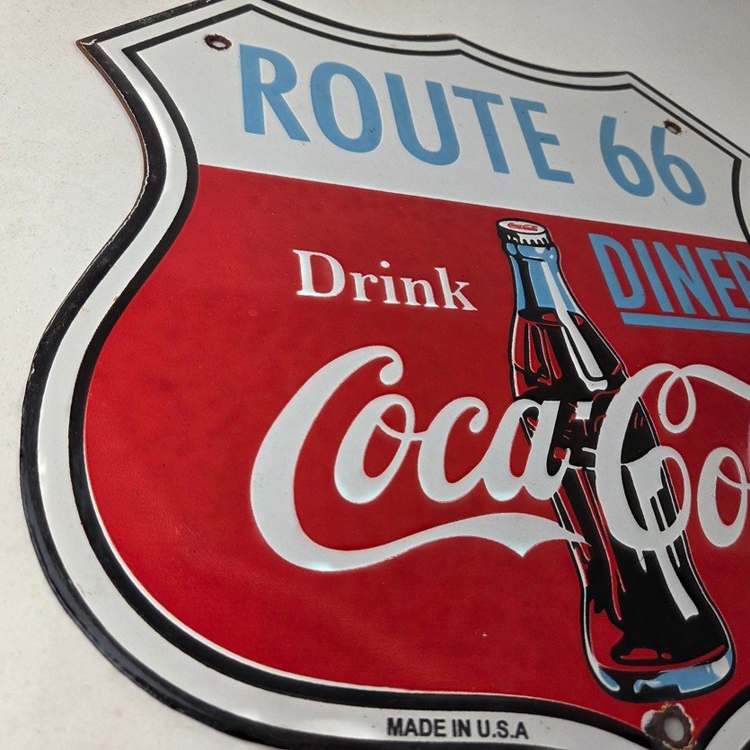 Vintage Route 66 Coca Cola Porcelain Sign - Gas Pump Soda Diner Sign - Image 6