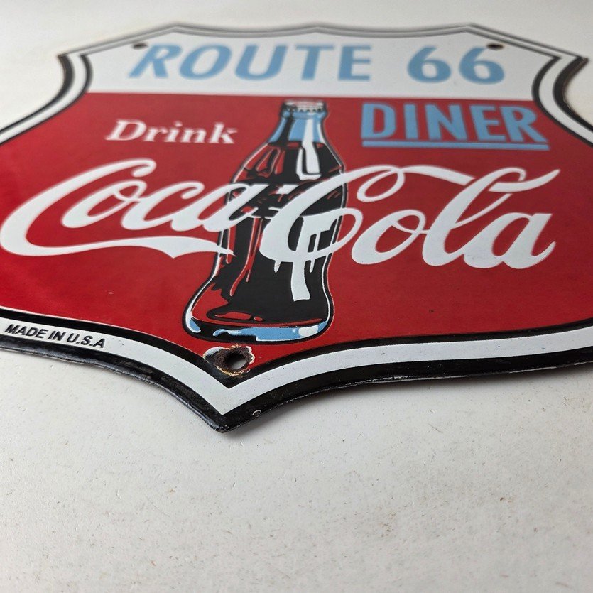 Vintage Route 66 Coca Cola Porcelain Sign - Gas Pump Soda Diner Sign - Image 10
