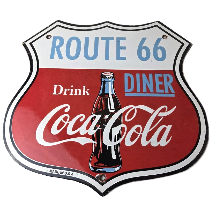 Vintage Route 66 Coca Cola Porcelain Sign - Gas Pump Soda Diner Sign
