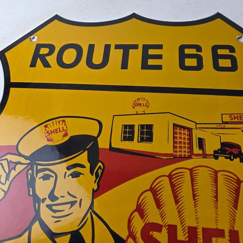 Vintage Shell Gas Sign - Gasoline Attendant Route 66 Pump Porcelain Sign - Image 3