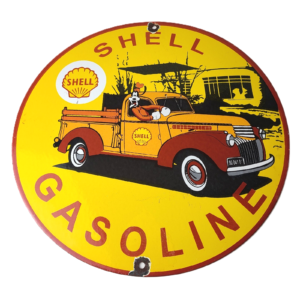 Vintage Shell Gasoline Sign - Goofy Old Truck Gas Oil Pump Porcelain Sign