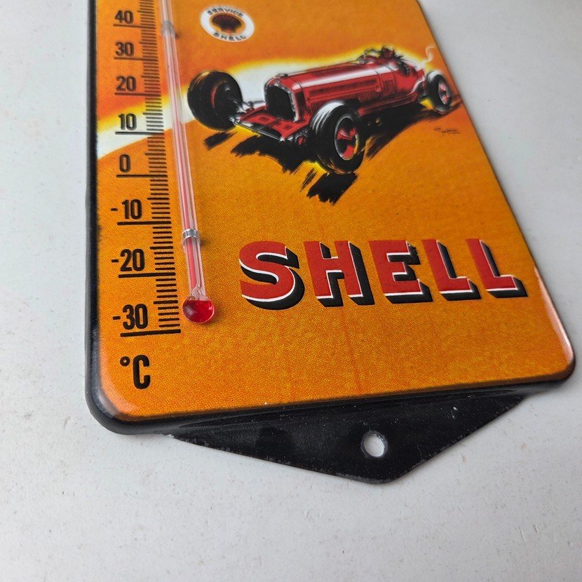 Vintage Shell Motor Oil Porcelain Sign - Gasoline Pump Ad Sign On Thermometer - Image 11