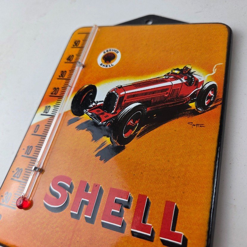 Vintage Shell Motor Oil Porcelain Sign - Gasoline Pump Ad Sign On Thermometer - Image 12