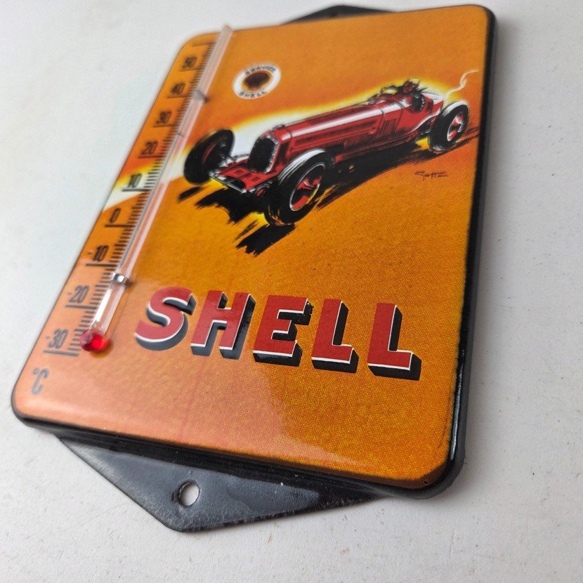 Vintage Shell Motor Oil Porcelain Sign - Gasoline Pump Ad Sign On Thermometer - Image 13