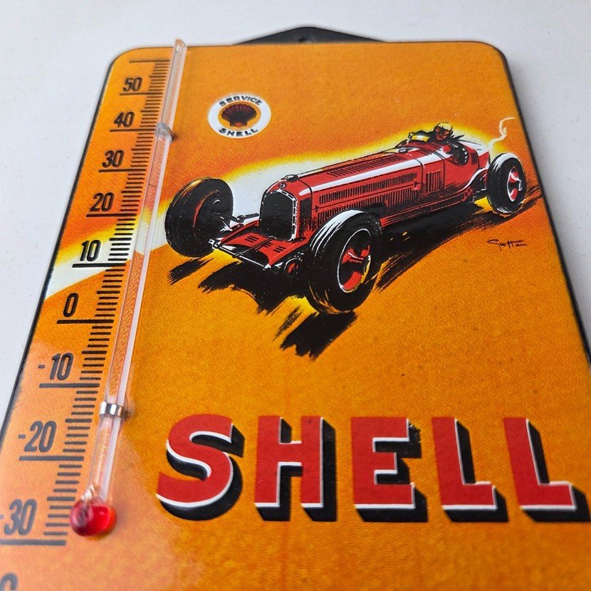 Vintage Shell Motor Oil Porcelain Sign - Gasoline Pump Ad Sign On Thermometer - Image 14