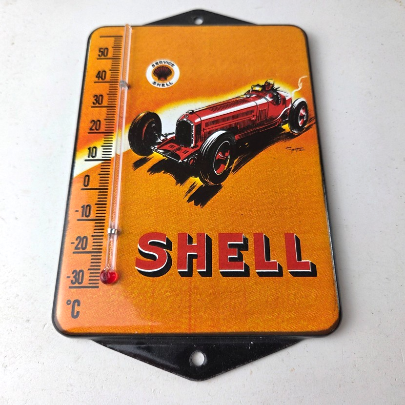 Vintage Shell Motor Oil Porcelain Sign - Gasoline Pump Ad Sign On Thermometer - Image 15