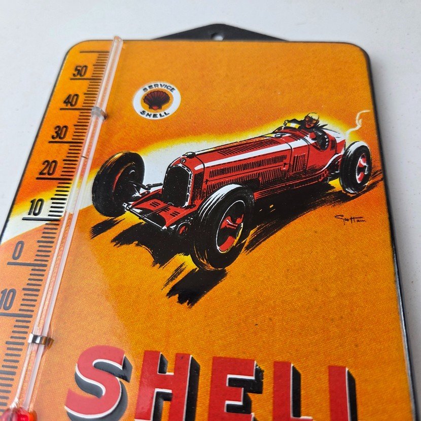 Vintage Shell Motor Oil Porcelain Sign - Gasoline Pump Ad Sign On Thermometer - Image 3
