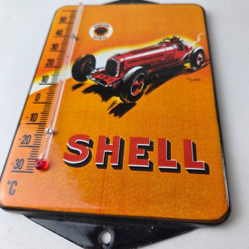 Vintage Shell Motor Oil Porcelain Sign - Gasoline Pump Ad Sign On Thermometer - Image 4