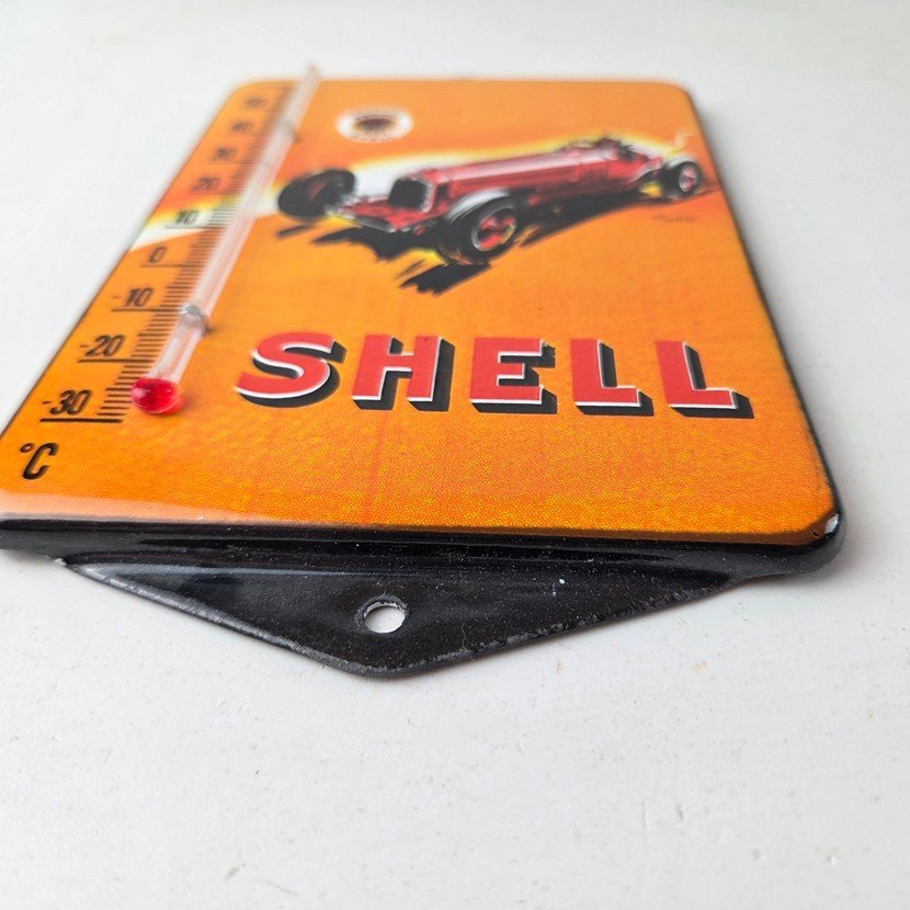 Vintage Shell Motor Oil Porcelain Sign - Gasoline Pump Ad Sign On Thermometer - Image 10