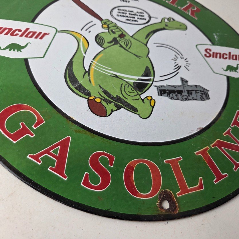 Vintage Sinclair Gasoline Sign - Baseball Dinosaur Porcelain Gas Pump Sign - Image 11