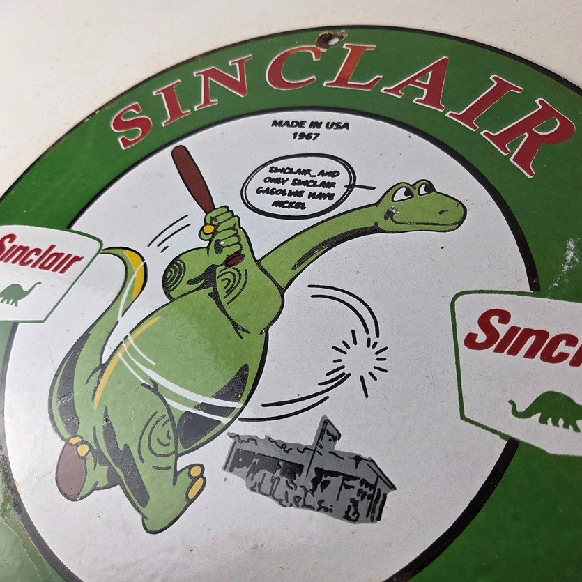 Vintage Sinclair Gasoline Sign - Baseball Dinosaur Porcelain Gas Pump Sign - Image 12