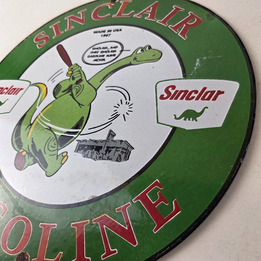Vintage Sinclair Gasoline Sign - Baseball Dinosaur Porcelain Gas Pump Sign - Image 13