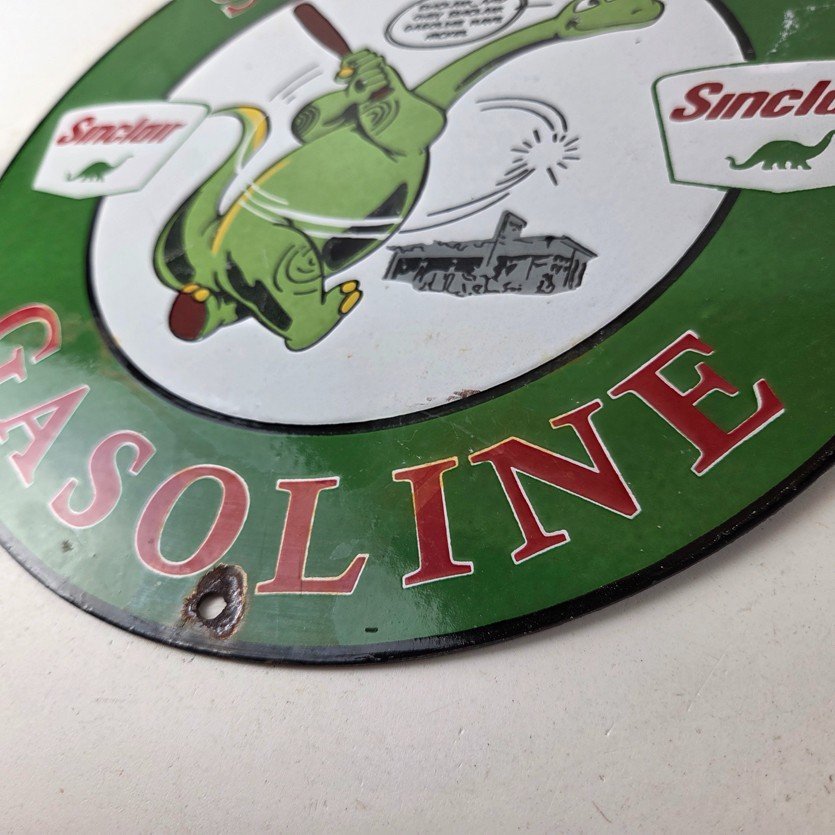 Vintage Sinclair Gasoline Sign - Baseball Dinosaur Porcelain Gas Pump Sign - Image 14