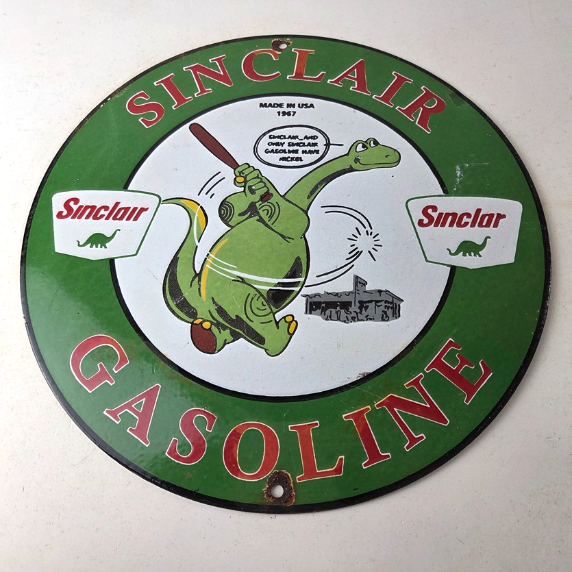 Vintage Sinclair Gasoline Sign - Baseball Dinosaur Porcelain Gas Pump Sign - Image 15