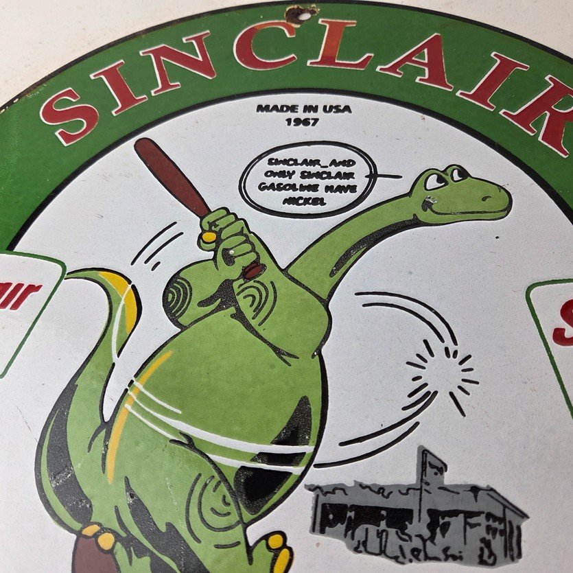 Vintage Sinclair Gasoline Sign - Baseball Dinosaur Porcelain Gas Pump Sign - Image 3