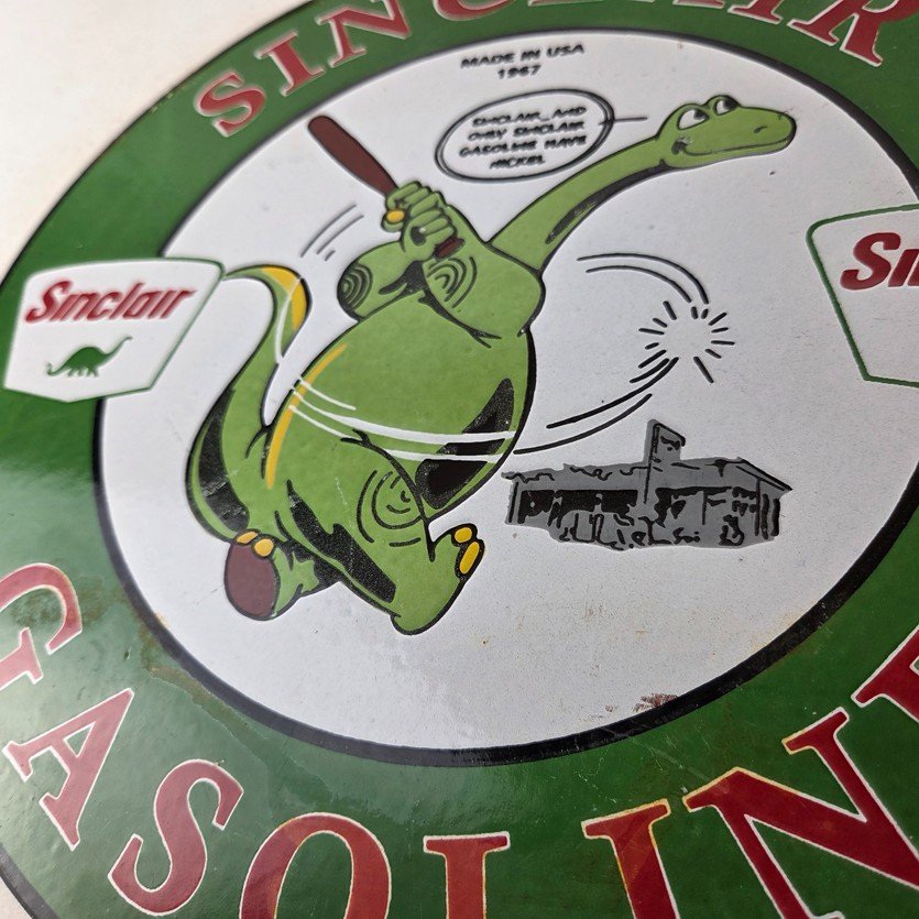 Vintage Sinclair Gasoline Sign - Baseball Dinosaur Porcelain Gas Pump Sign - Image 4