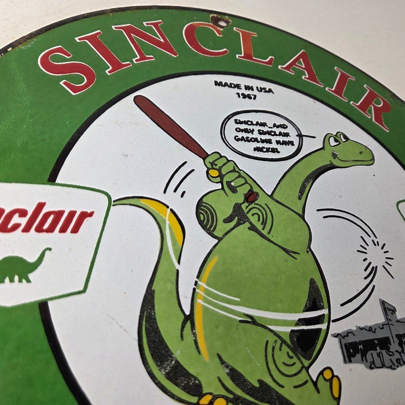 Vintage Sinclair Gasoline Sign - Baseball Dinosaur Porcelain Gas Pump Sign - Image 5